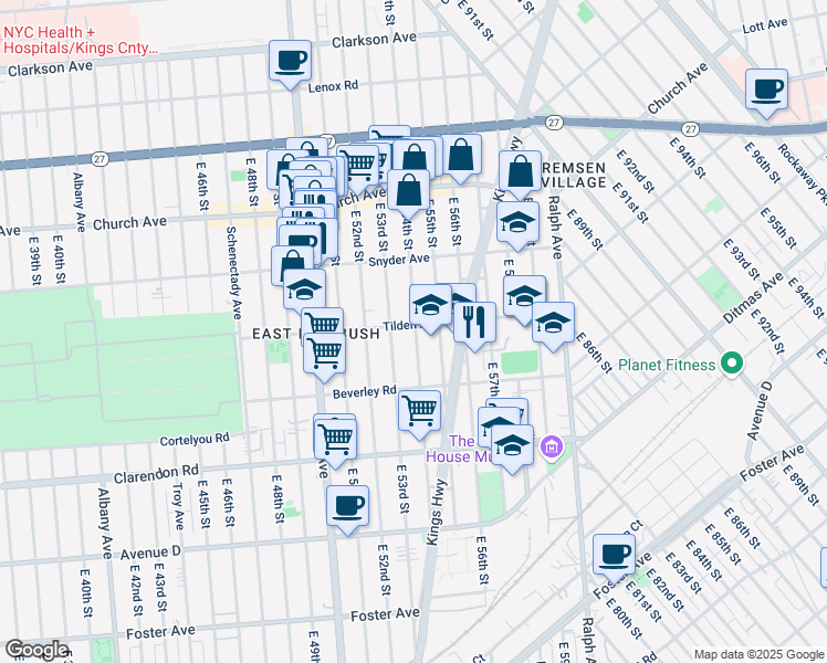 map of restaurants, bars, coffee shops, grocery stores, and more near 5401 Tilden Avenue in Brooklyn