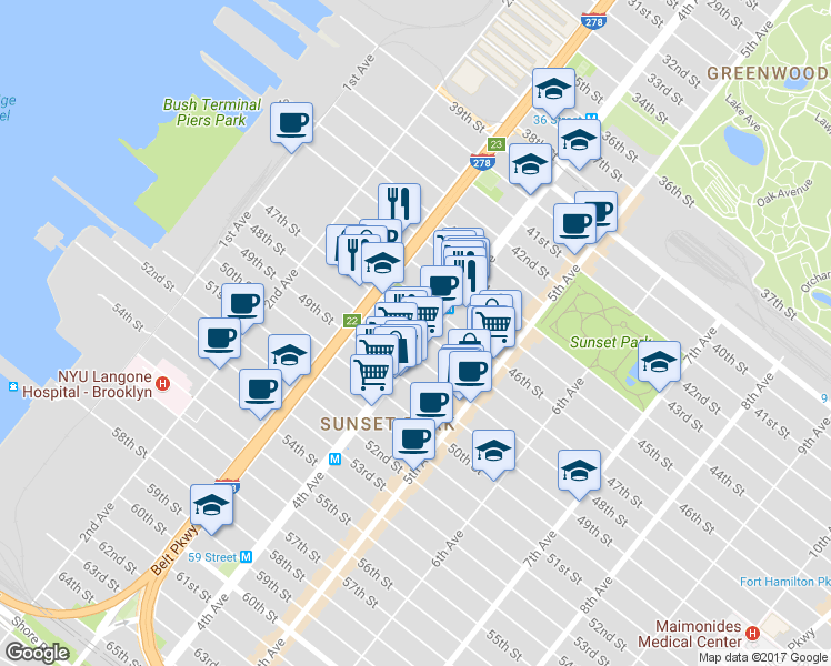 map of restaurants, bars, coffee shops, grocery stores, and more near 358 47th Street in Brooklyn