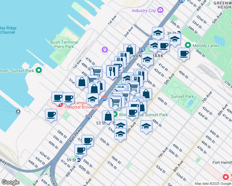map of restaurants, bars, coffee shops, grocery stores, and more near 322 48th Street in Brooklyn