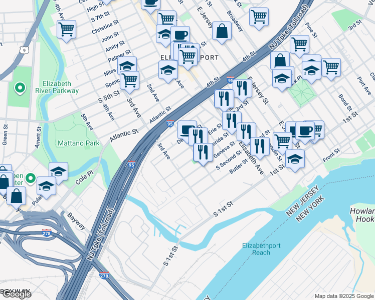 map of restaurants, bars, coffee shops, grocery stores, and more near 300 2nd Avenue in Elizabeth