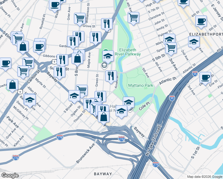 map of restaurants, bars, coffee shops, grocery stores, and more near 624B Clarkson Avenue in Elizabeth