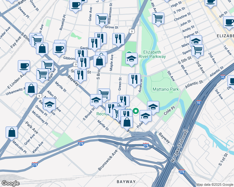 map of restaurants, bars, coffee shops, grocery stores, and more near 648 Maple Avenue in Elizabeth
