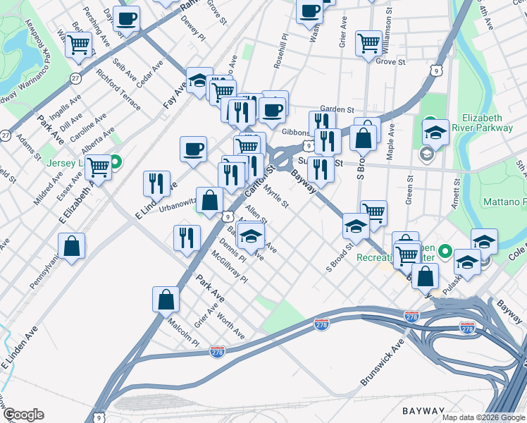 map of restaurants, bars, coffee shops, grocery stores, and more near 830 Myrtle Street in Elizabeth