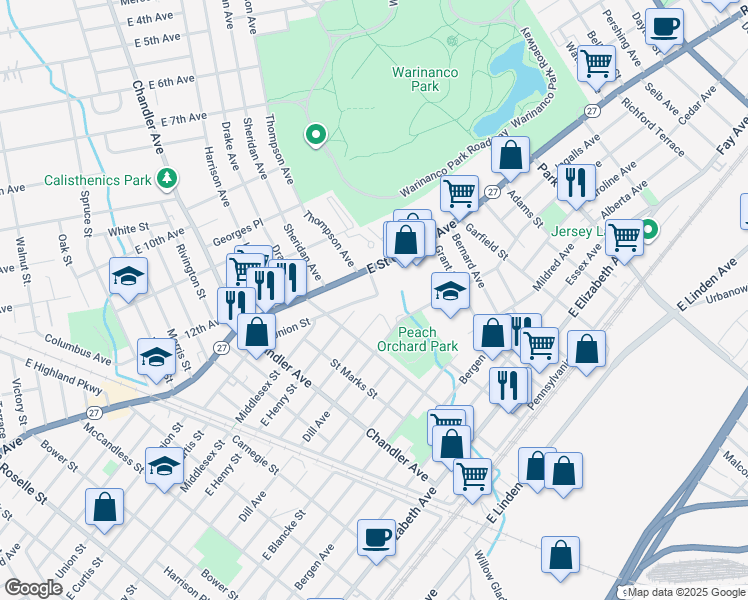 map of restaurants, bars, coffee shops, grocery stores, and more near 1012 Nora Drive in Linden