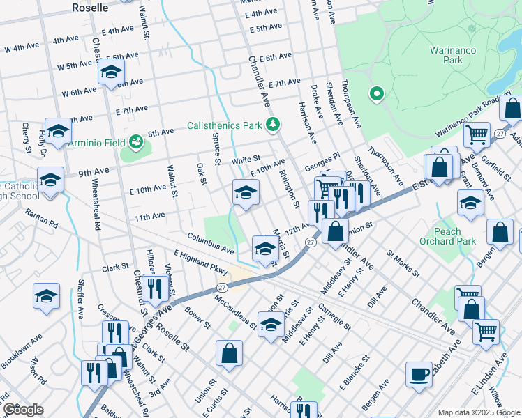 map of restaurants, bars, coffee shops, grocery stores, and more near 1037 Warren Street in Roselle