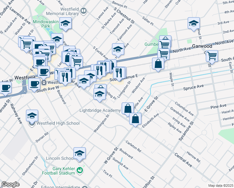 map of restaurants, bars, coffee shops, grocery stores, and more near 305 Livingston Street in Westfield