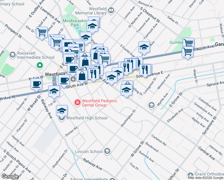 map of restaurants, bars, coffee shops, grocery stores, and more near 501-503 Central Avenue in Westfield