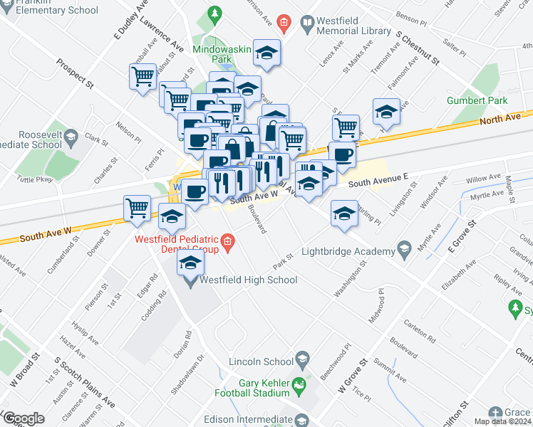 map of restaurants, bars, coffee shops, grocery stores, and more near 220 Ross Place in Westfield