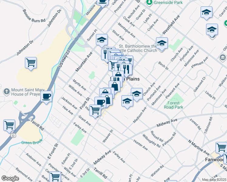 map of restaurants, bars, coffee shops, grocery stores, and more near 442 Flanders Avenue in Scotch Plains