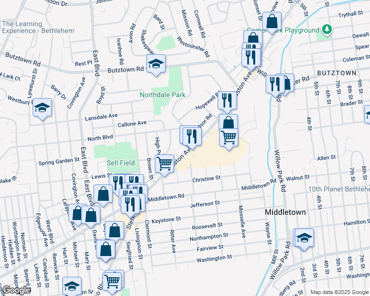 map of restaurants, bars, coffee shops, grocery stores, and more near 2405 Nottingham Road in Bethlehem