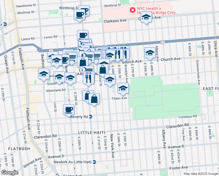 map of restaurants, bars, coffee shops, grocery stores, and more near 1023 New York Avenue in Brooklyn
