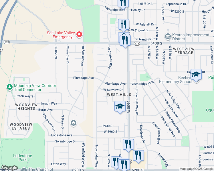 map of restaurants, bars, coffee shops, grocery stores, and more near 5733 Plumbago Avenue in Salt Lake City