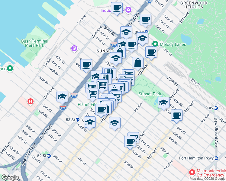 map of restaurants, bars, coffee shops, grocery stores, and more near 446 45th Street in Brooklyn