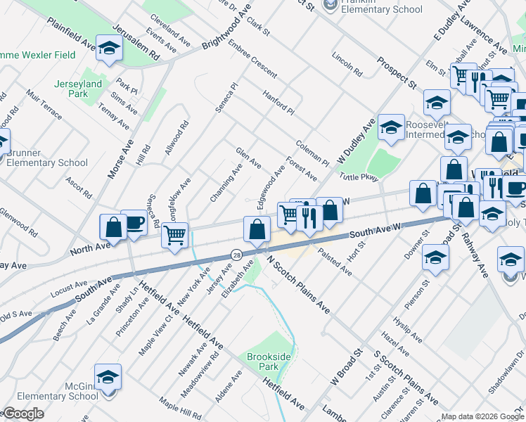 map of restaurants, bars, coffee shops, grocery stores, and more near 471 Edgewood Avenue in Westfield