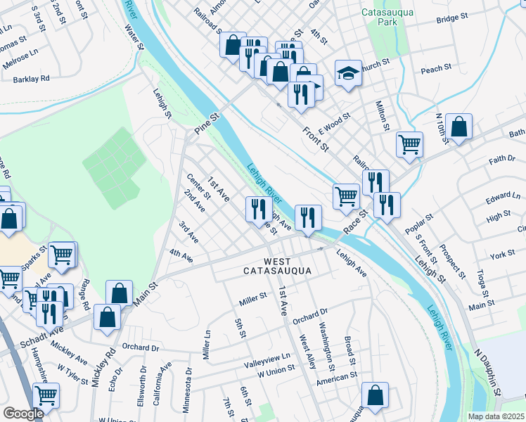 map of restaurants, bars, coffee shops, grocery stores, and more near 2122 North Lehigh Avenue in Lehigh County