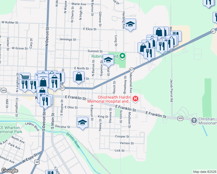 map of restaurants, bars, coffee shops, grocery stores, and more near 81 Resch Street in Kenton