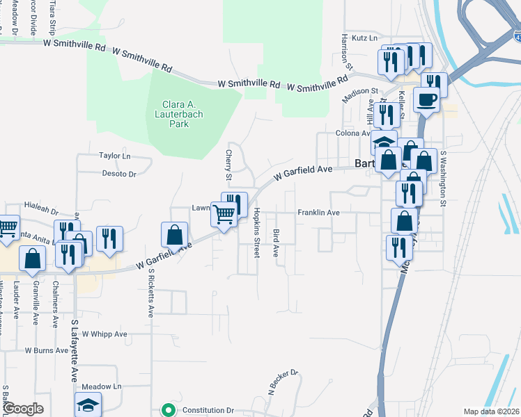 map of restaurants, bars, coffee shops, grocery stores, and more near 432 W Garfield Ave in Bartonville