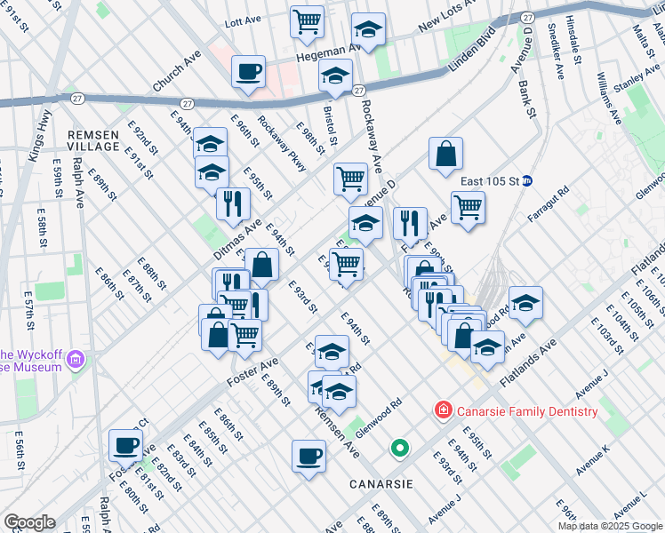 map of restaurants, bars, coffee shops, grocery stores, and more near 867 East 95th Street in Brooklyn