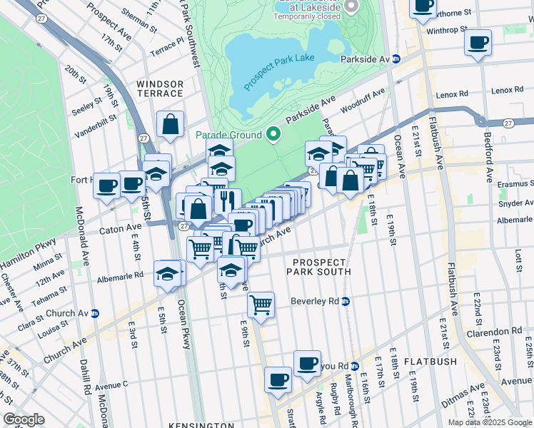 map of restaurants, bars, coffee shops, grocery stores, and more near 15 Stratford Road in Brooklyn