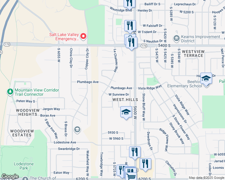map of restaurants, bars, coffee shops, grocery stores, and more near 5733 Plumbago Avenue in Salt Lake City