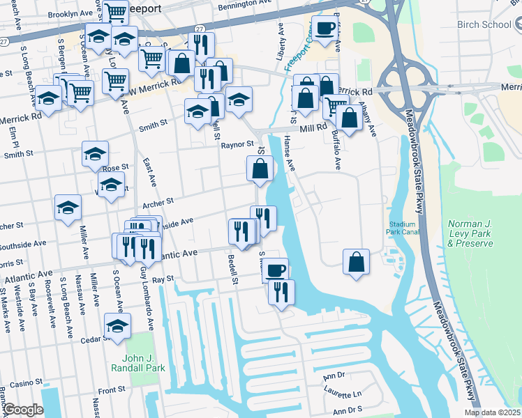 map of restaurants, bars, coffee shops, grocery stores, and more near 337 South Main Street in Freeport