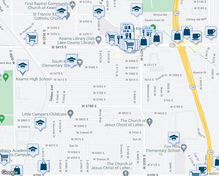 map of restaurants, bars, coffee shops, grocery stores, and more near 4217 West 5655 South in Kearns