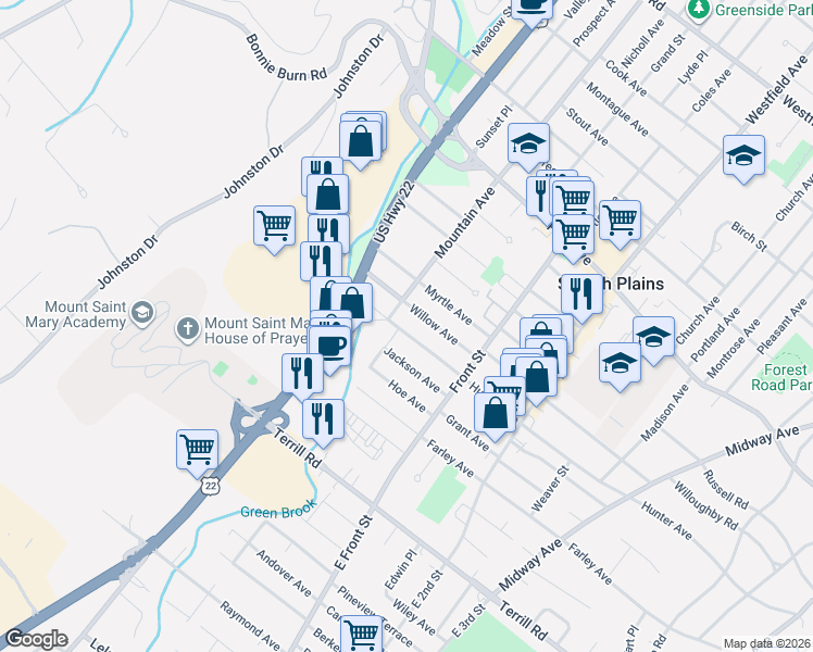 map of restaurants, bars, coffee shops, grocery stores, and more near 315 Hunter Avenue in Scotch Plains