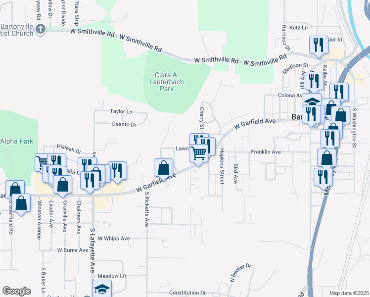 map of restaurants, bars, coffee shops, grocery stores, and more near 104 Lawndale Avenue in Bartonville