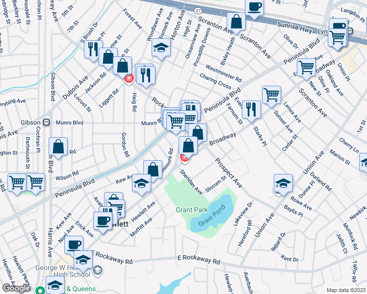 map of restaurants, bars, coffee shops, grocery stores, and more near 26 Stewart Street in Hewlett