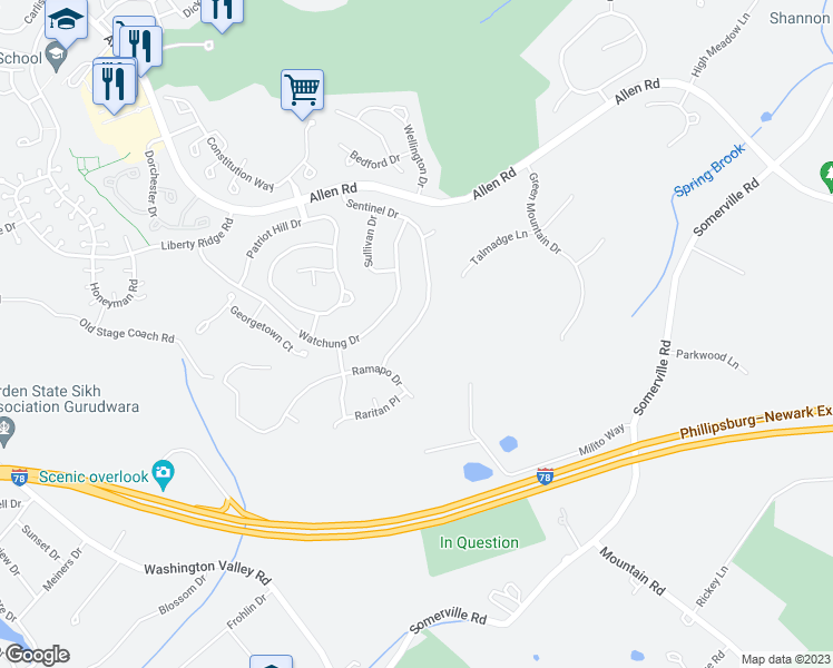 map of restaurants, bars, coffee shops, grocery stores, and more near 50 Sentinel Drive in Basking Ridge