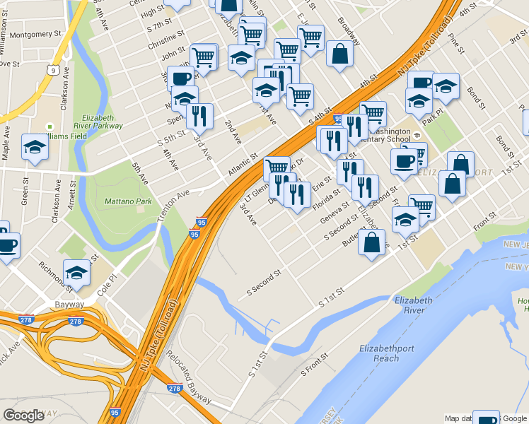 map of restaurants, bars, coffee shops, grocery stores, and more near 222 Delaware Street in Elizabeth