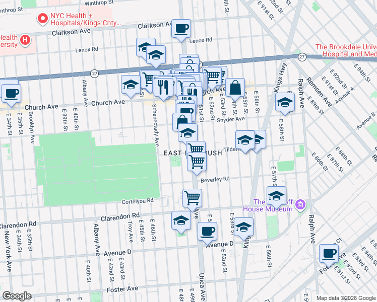 map of restaurants, bars, coffee shops, grocery stores, and more near 1014 Utica Avenue in Brooklyn