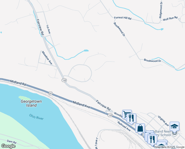 map of restaurants, bars, coffee shops, grocery stores, and more near 28 Midland Heights Circle in Midland