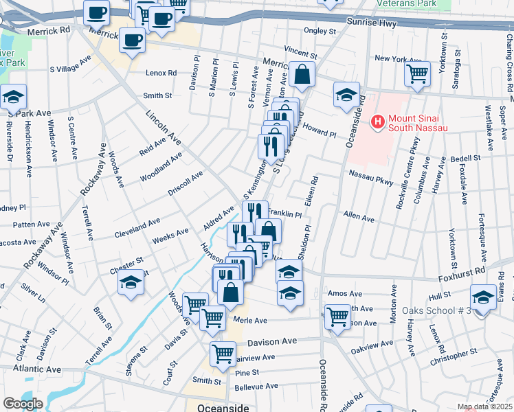 map of restaurants, bars, coffee shops, grocery stores, and more near 192 South Long Beach Road in Rockville Centre