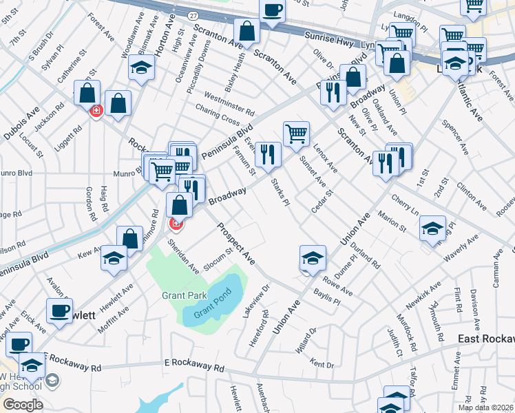 map of restaurants, bars, coffee shops, grocery stores, and more near 570 Broadway in Lynbrook