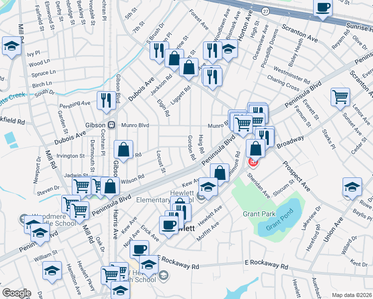 map of restaurants, bars, coffee shops, grocery stores, and more near 164 Page Road in Valley Stream