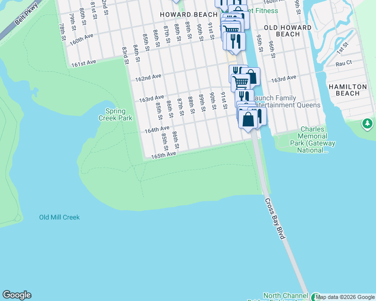 map of restaurants, bars, coffee shops, grocery stores, and more near 86-11 165th Avenue in Queens