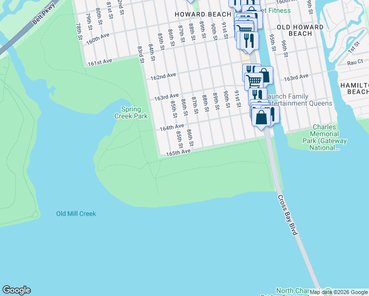 map of restaurants, bars, coffee shops, grocery stores, and more near 164-38 85th Street in Queens