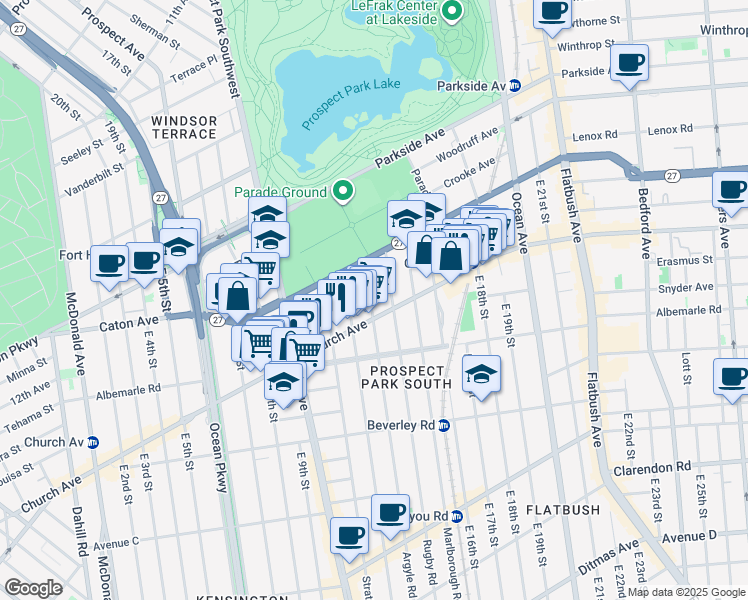 map of restaurants, bars, coffee shops, grocery stores, and more near 40 Argyle Road in Brooklyn