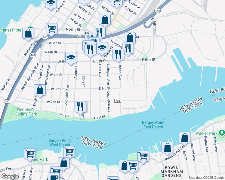 map of restaurants, bars, coffee shops, grocery stores, and more near 74 Lexington Avenue in Bayonne