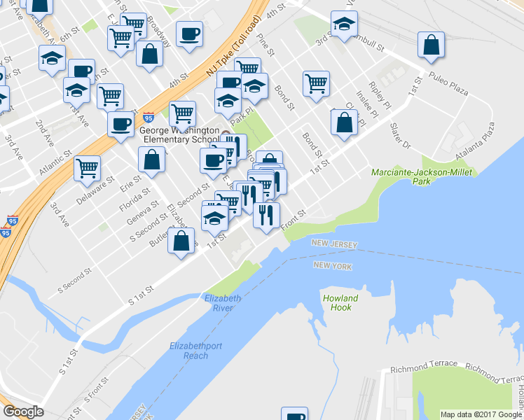 map of restaurants, bars, coffee shops, grocery stores, and more near 121 1st Street in Elizabeth