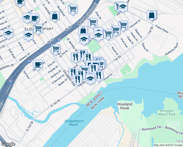 map of restaurants, bars, coffee shops, grocery stores, and more near 116 East Jersey Street in Elizabeth