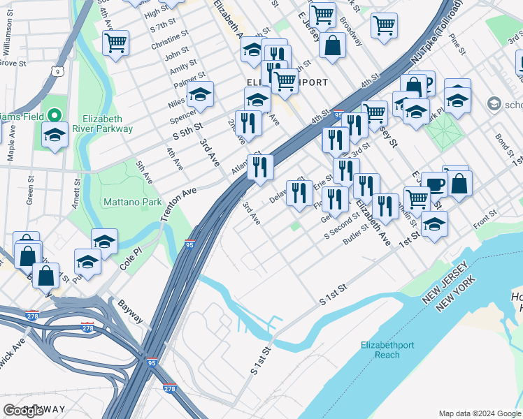 map of restaurants, bars, coffee shops, grocery stores, and more near 227 Delaware Street in Elizabeth