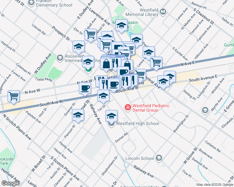 map of restaurants, bars, coffee shops, grocery stores, and more near 439 South Avenue West in Westfield