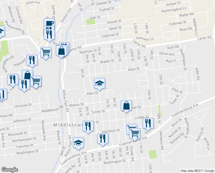 map of restaurants, bars, coffee shops, grocery stores, and more near 3605 Allen Street in Bethlehem
