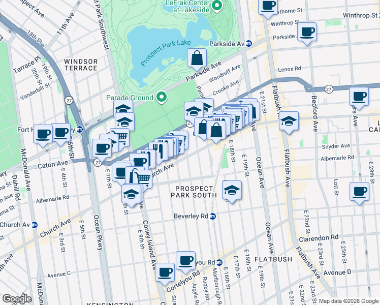 map of restaurants, bars, coffee shops, grocery stores, and more near 59 Rugby Road in Brooklyn