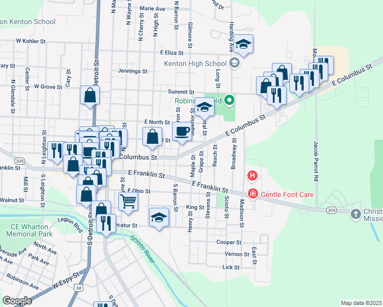 map of restaurants, bars, coffee shops, grocery stores, and more near 538 East Columbus Street in Kenton