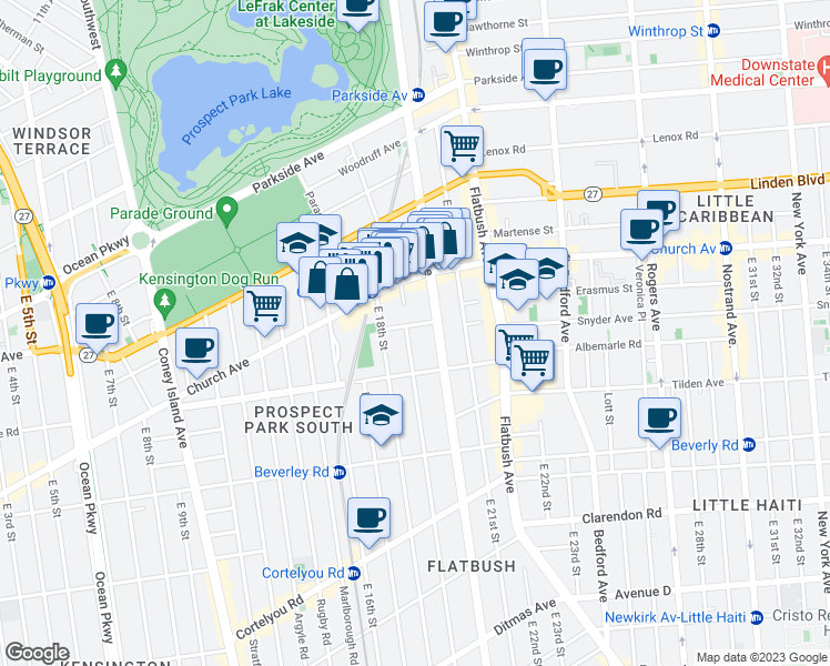 map of restaurants, bars, coffee shops, grocery stores, and more near 14 Tennis Court in Brooklyn