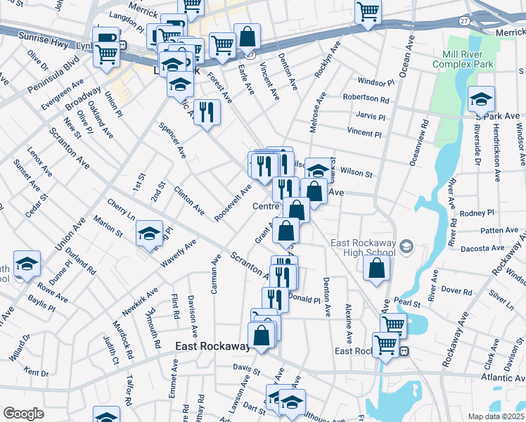 map of restaurants, bars, coffee shops, grocery stores, and more near 20 Carman Avenue in East Rockaway
