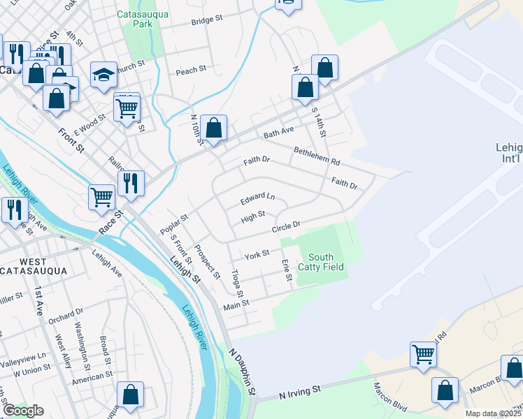 map of restaurants, bars, coffee shops, grocery stores, and more near 304 High Street in Catasauqua